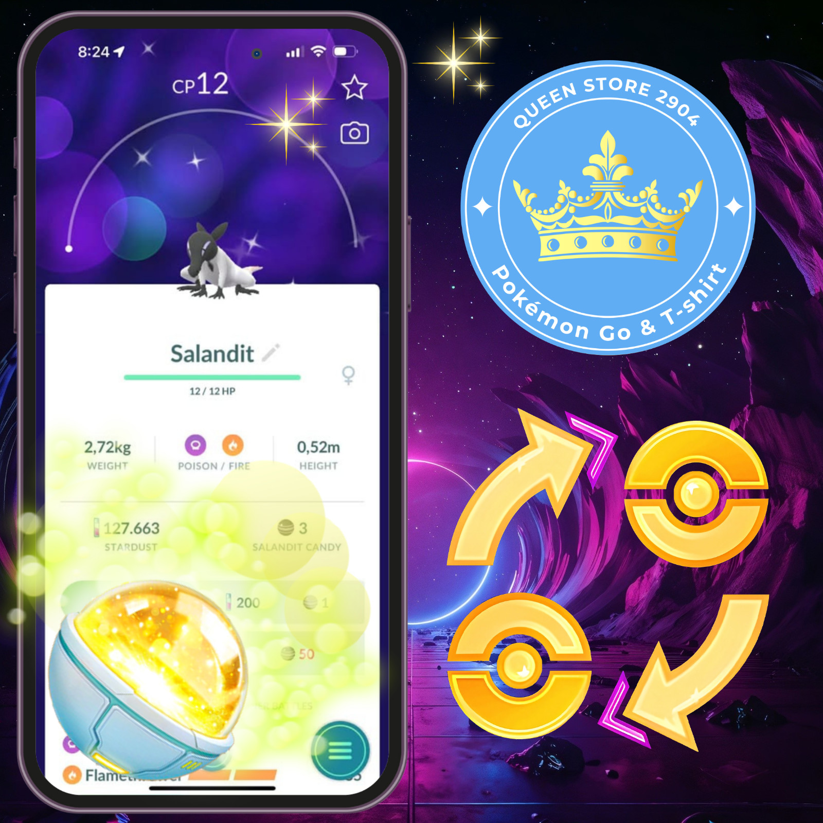 PTCentraI —TRADE GO — Shiny Salandit (Female) Level 1—Caught in the WILD—Digital