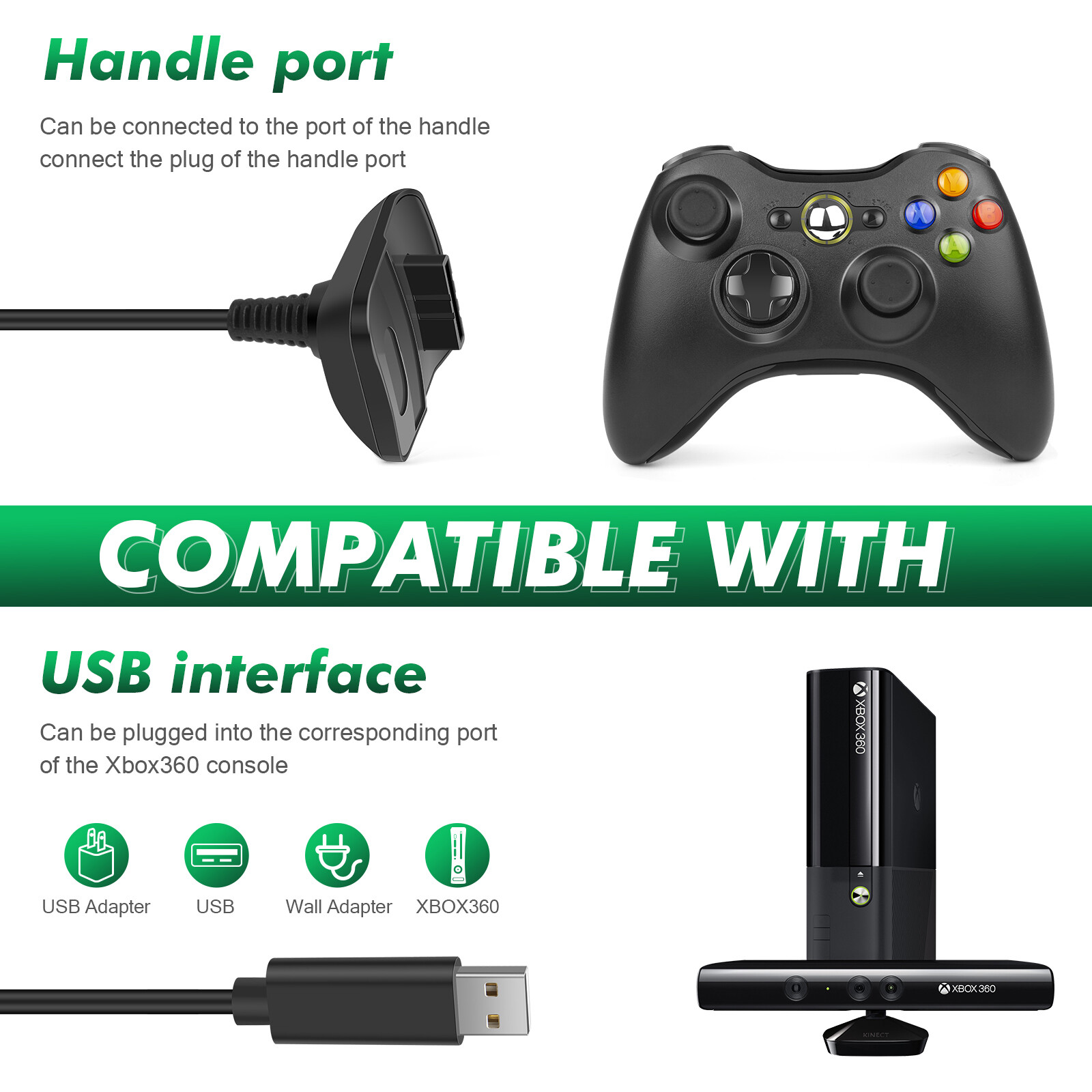 2-10PCS 4800mAh Rechargeable Battery USB Charger Cable For Xbox 360 Controller