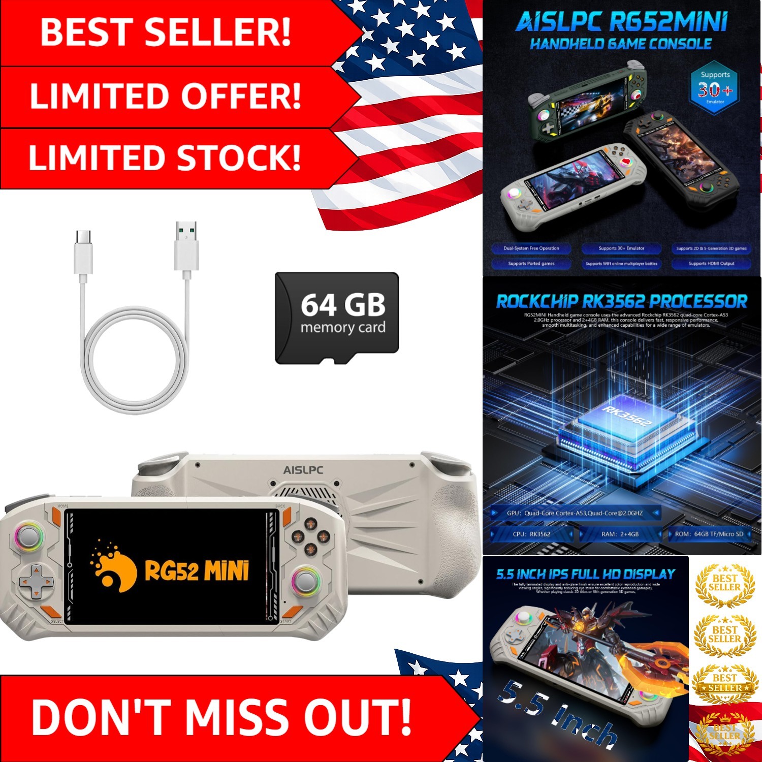 RG52MINI Retro Handheld Gaming Device – 5.5″ IPS Screen, 5000mAh Battery, 64GB