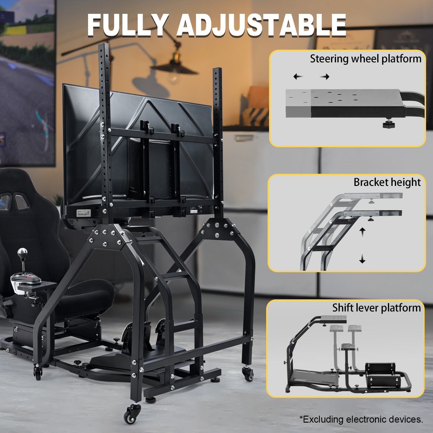 Marada Racing Simulator Cockpit With Black Seat And Monitor Stand For Logitech