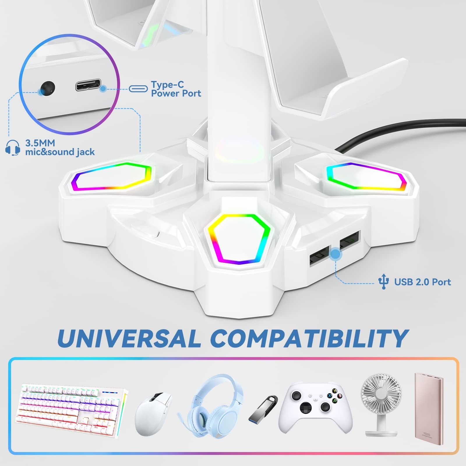 Gaming Headset Stand with RGB Light, 2 USB Ports & 3.5mm Audio Jack – Desktop Ac