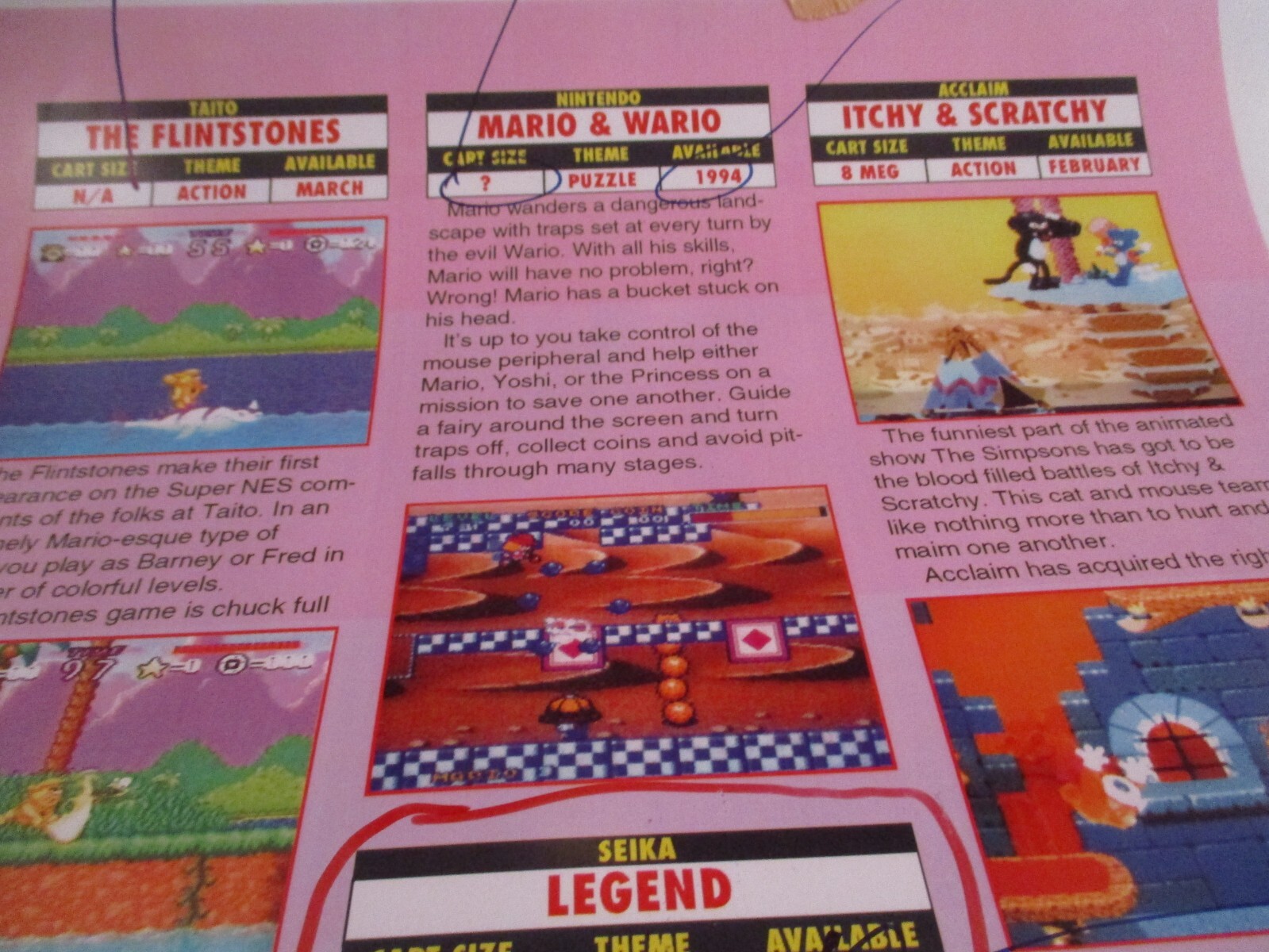 Super NES Buyer’s Guide Magazine Prototype Sheet Flintstone Mario & Wario Legend