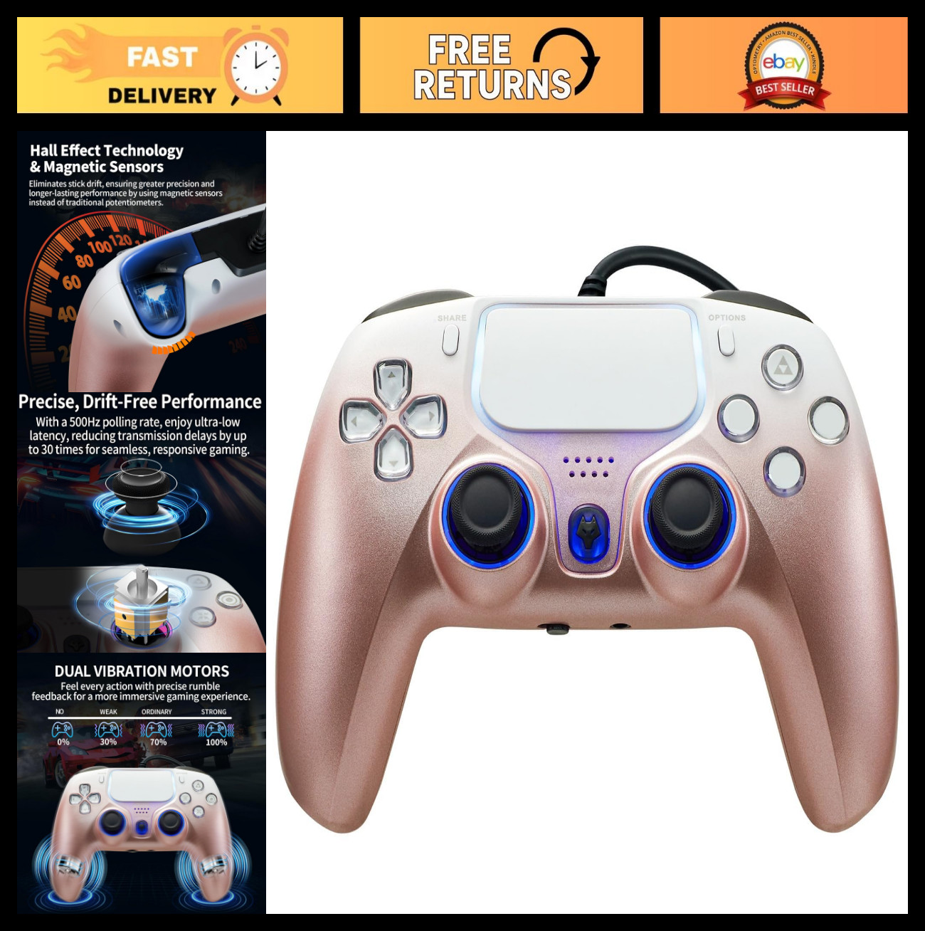 Wired PS5 Controller with Turbo, Hall-Effect Triggers, Dual Vibration, 10ft Cabl