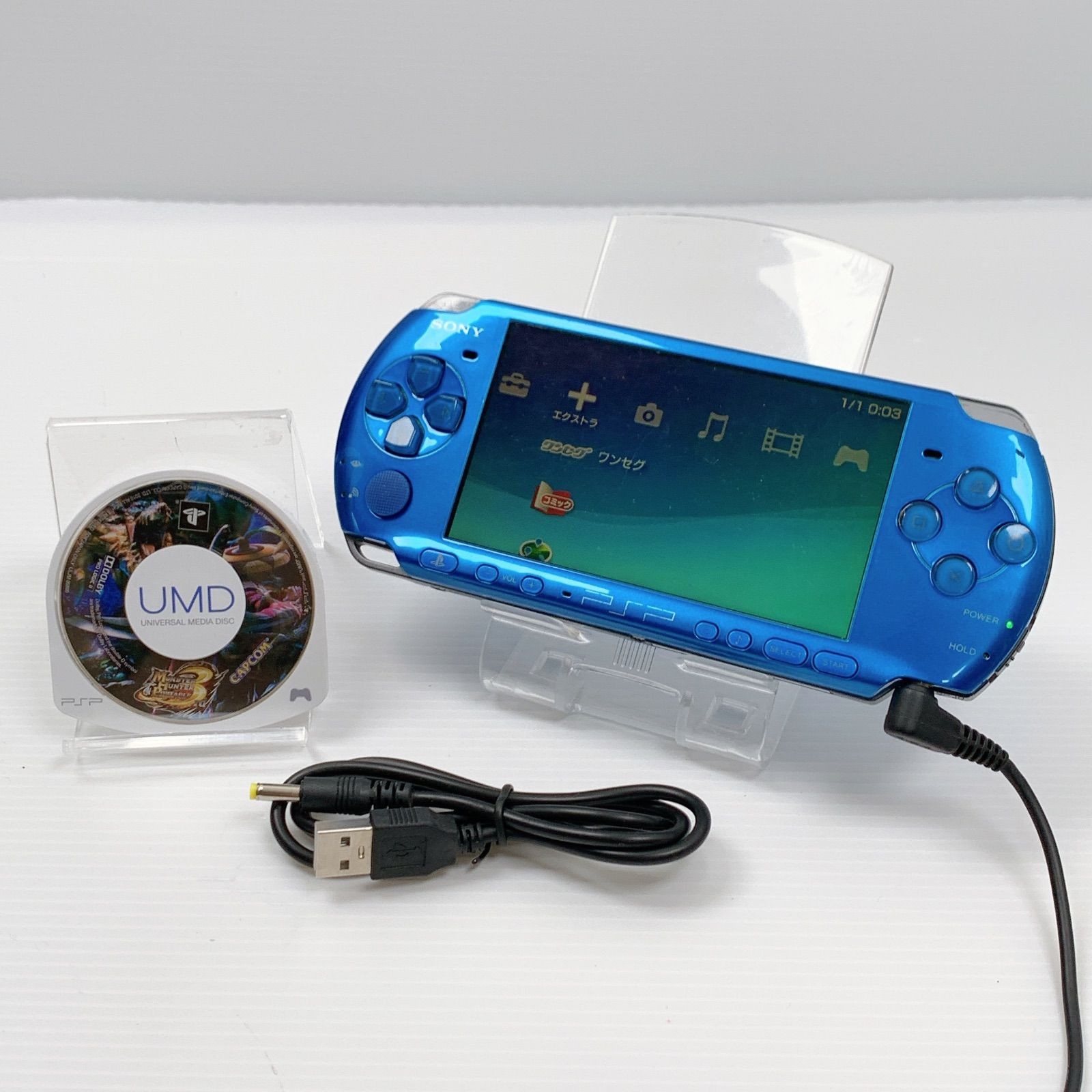 PSP Playstation Portable Vibrant Blue PSP 3000 VB Console USB cable Tested Japan