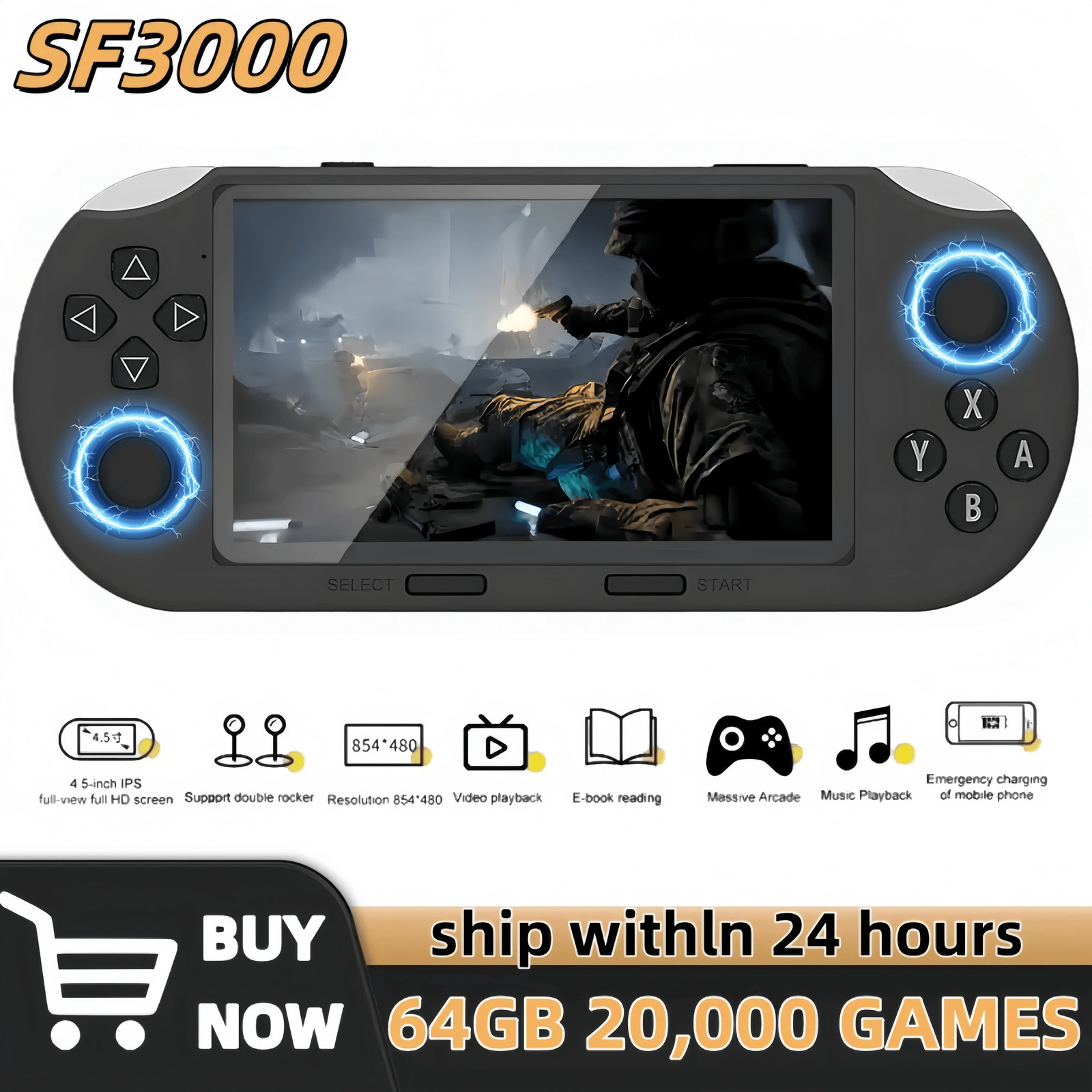 SF3000 Retro Handheld Video Game Console 4.5 Inch IPS Screen 3000Mah Portable Li