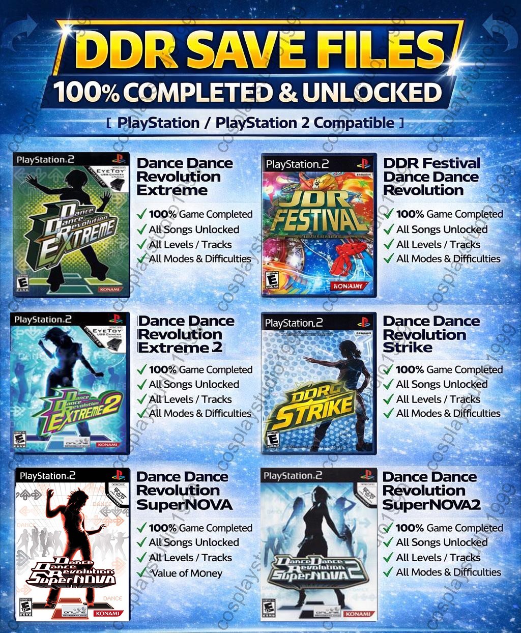 Dance Dance Revolution Save ALL PlayStation 2 PS2 Memory Card Unlocked Saves