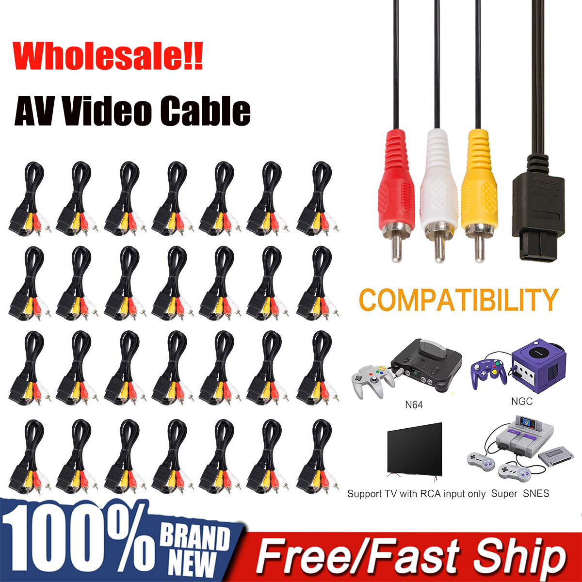 6FT RAC AV TV Audio Video Cable Cord For Super Nintendo SNES N64 Game Cube Lots