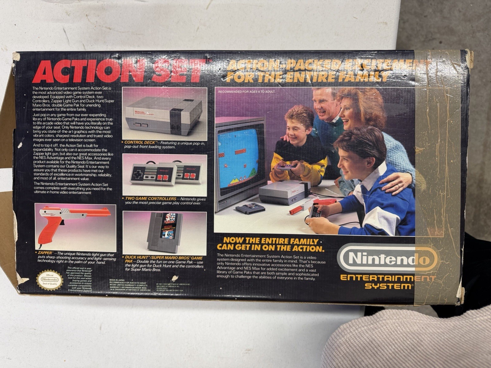 NES Action Set Box with Styrofoam, Console, Controllers, Hookups.