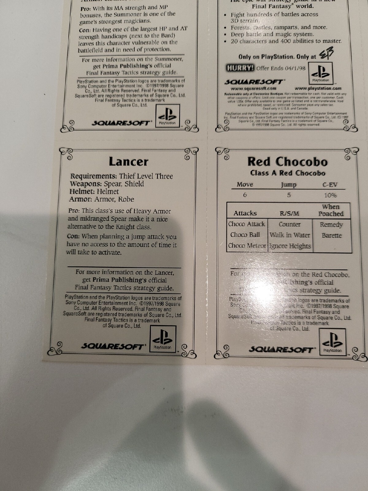 Final Fantasy Tactics Sony PlayStation PS1 1997 1998 Uncut Sheet Super Rare