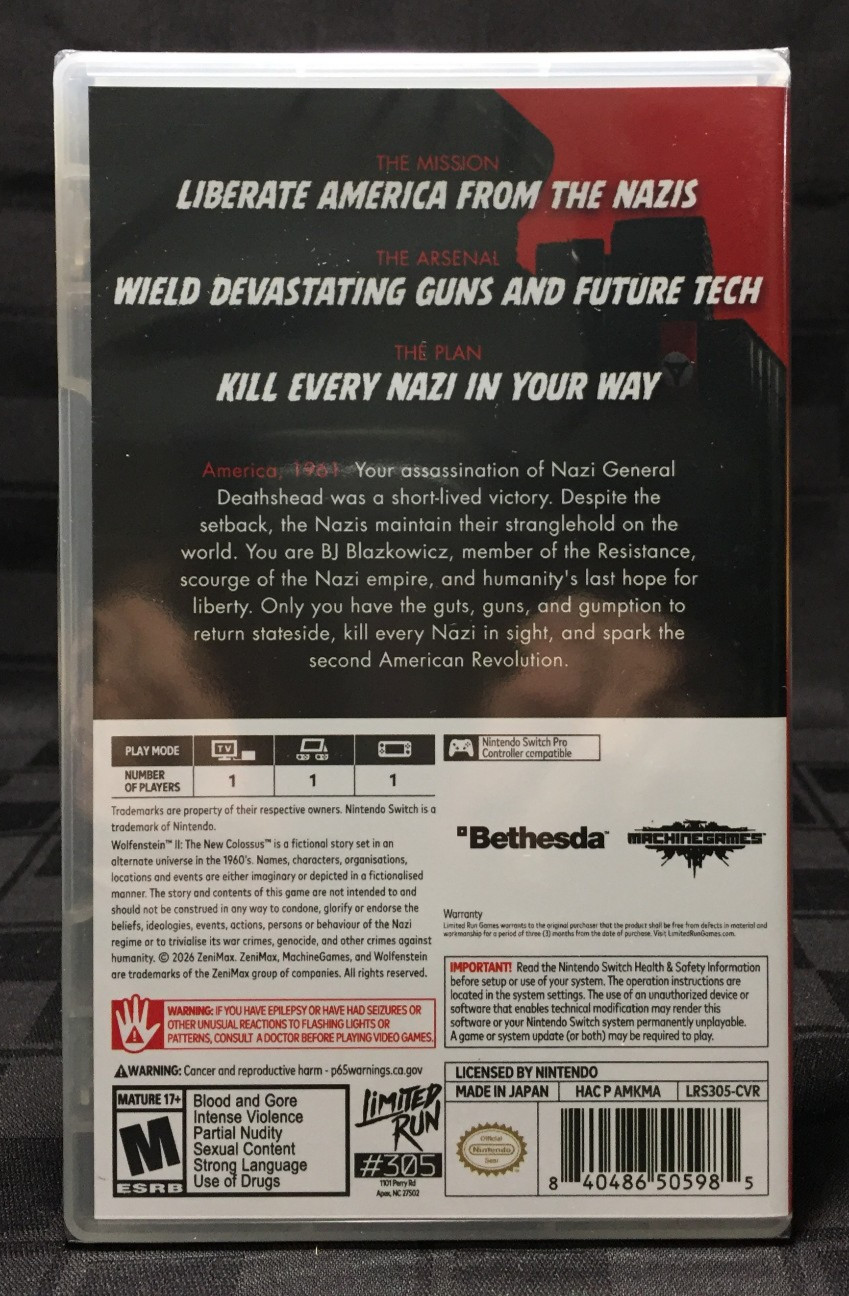 NEW sealed WOLFENSTEIN II 2 The New Colossus NINTENDO SWITCH Limited Run #305