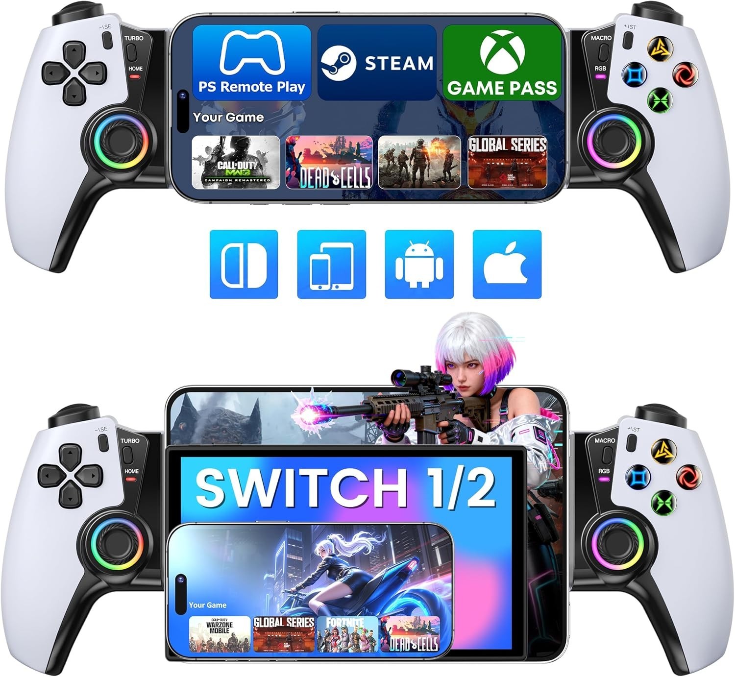Mobile Gaming Controller for iPhone/Android/Switch 2/1/OLED Hall Effect White
