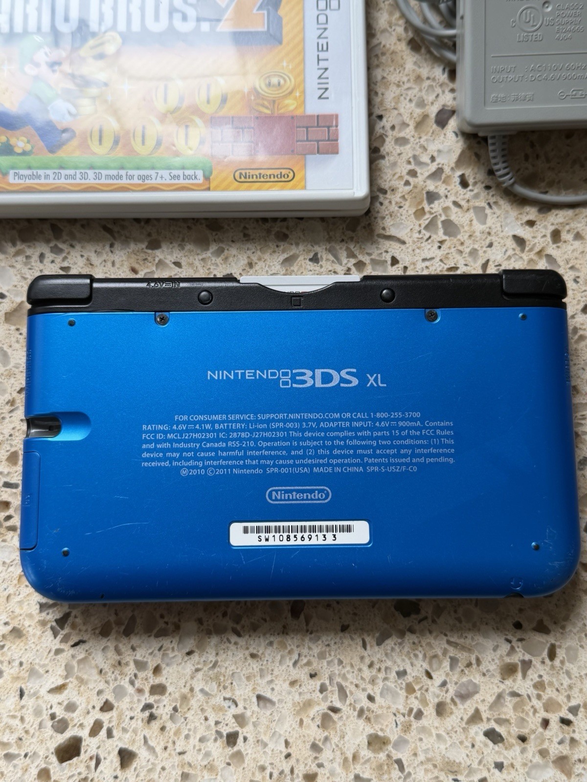 Nintendo 3DS XL (Metallic Blue) with Charger, New Super Mario Bros. 2 Tested