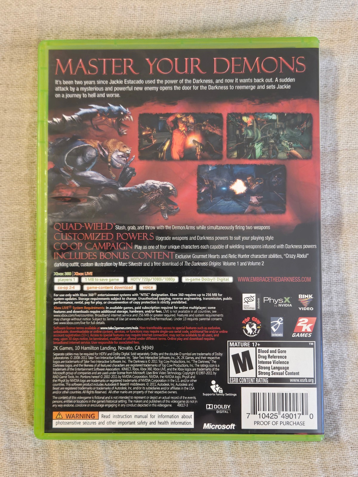 The Darkness II Limited Edition, Xbox 360. Manual, poster, 2 inserts w/ codes
