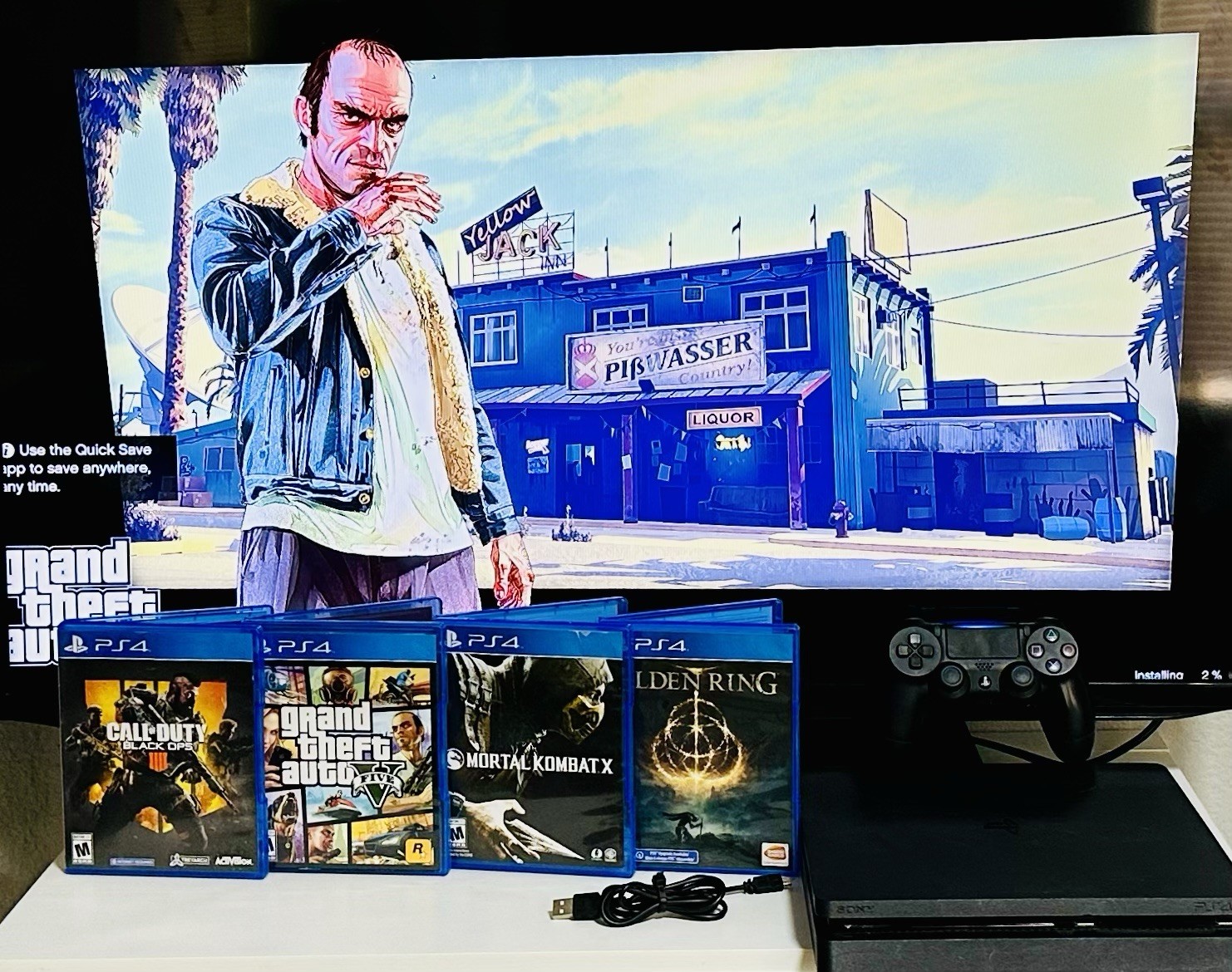 Sony PlayStation 4 (PS4) Slim 1TB Console CUH-2215B W/4 Games, Remote & Cables!