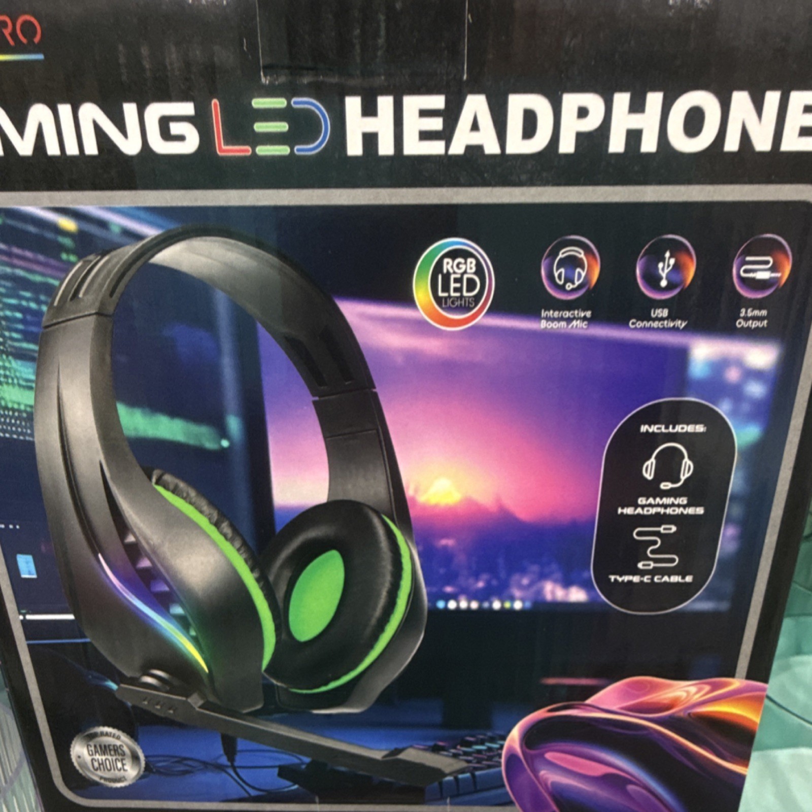 GamePro Gaming LED Headphones RGB Lights Boom Mic USB 3.5mm Type-C Black Green