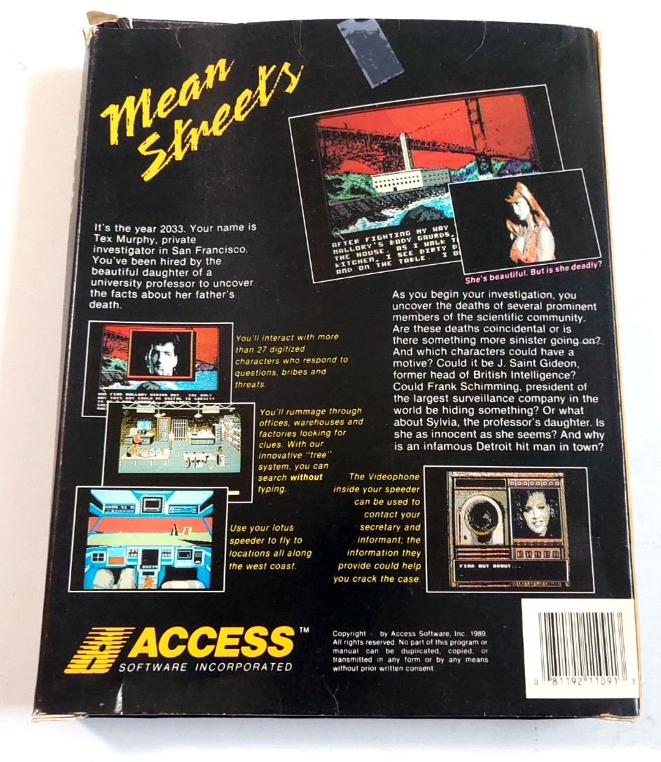 Mean Streets Commodore 64 1989 W/Manual Box Access Floppy Untested Tex Murphy