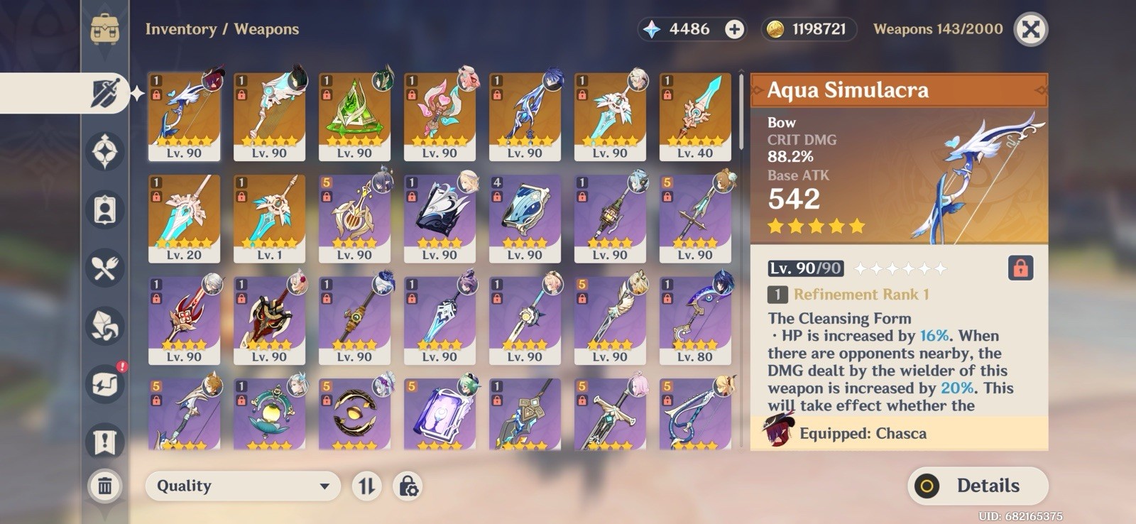 Genshin Impact America AR 60, C1 flins, 20 5 stars, 9 5 star weapons, 3k Primos!