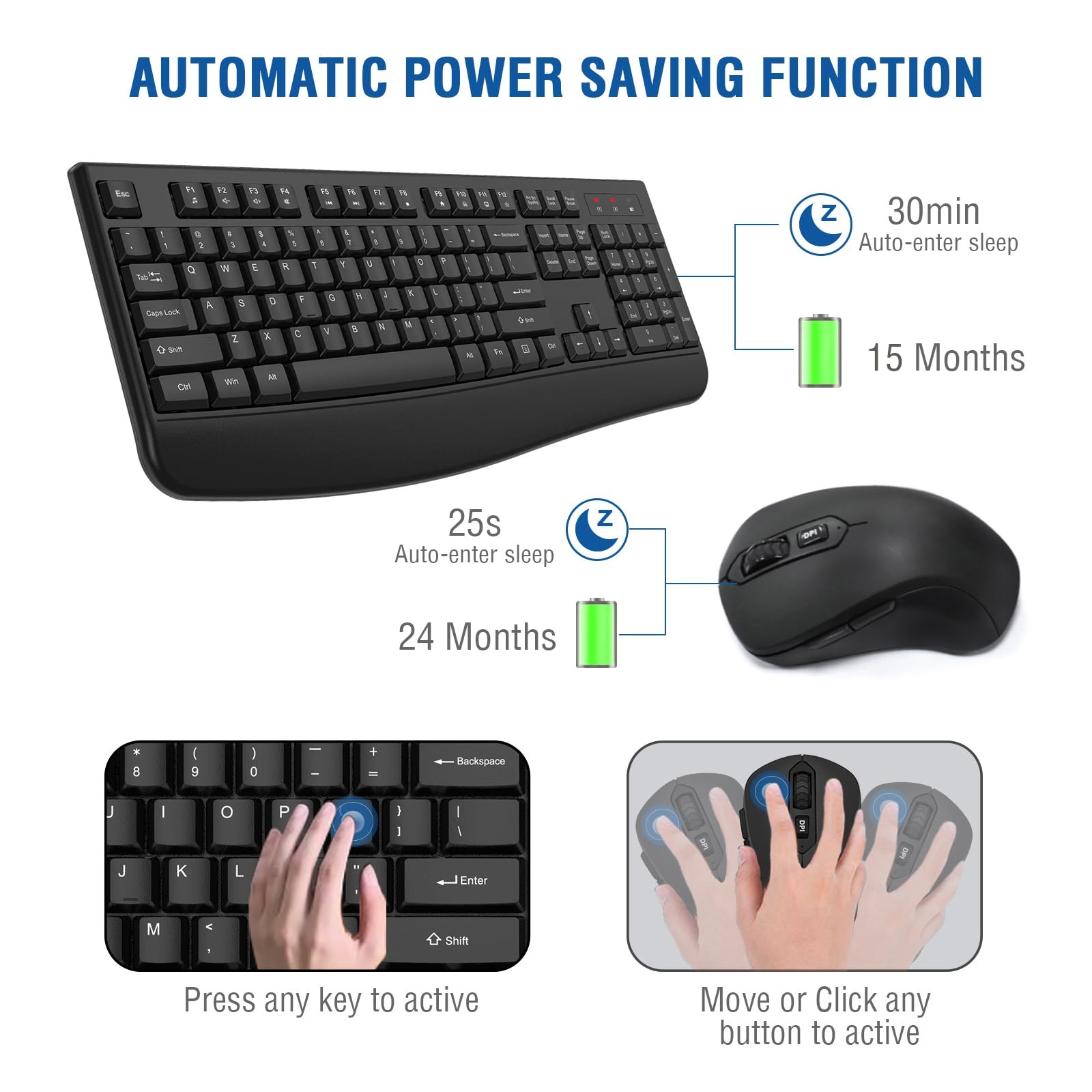 Wireless Keyboard and Mouse Combo, EDJO 2.4G Full-Sized Ergonomic Black