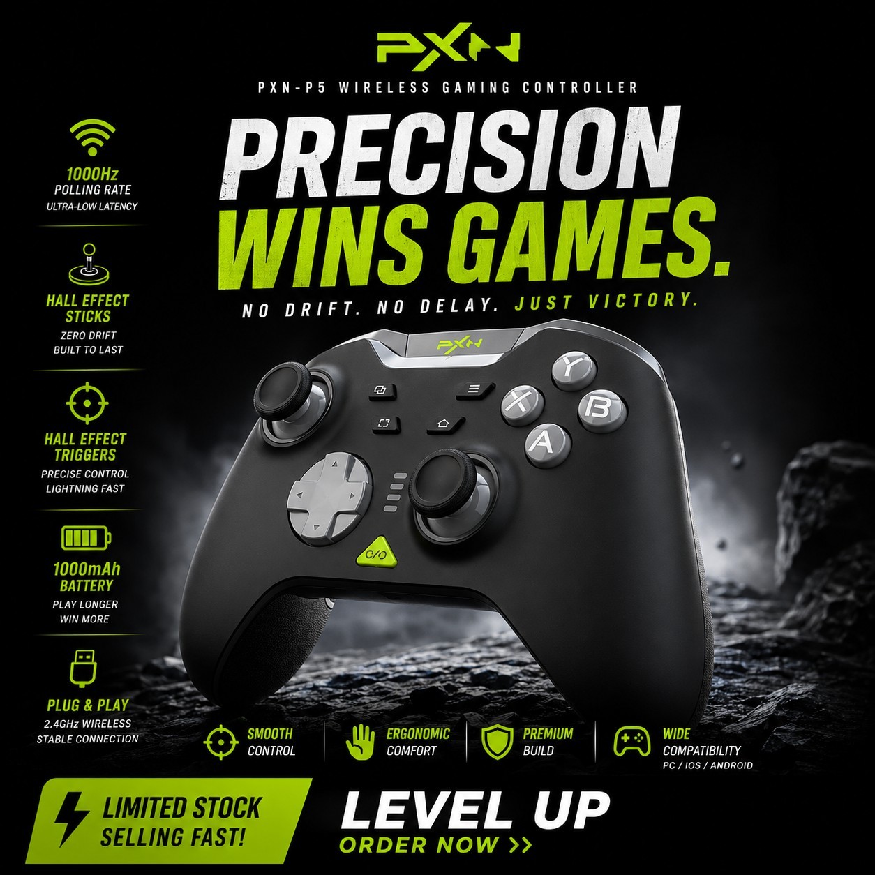PXN 5 8K Gamepad Black & Neon BT/2.4/5 Wireless PC/PS5/switch/xbox/android/apple