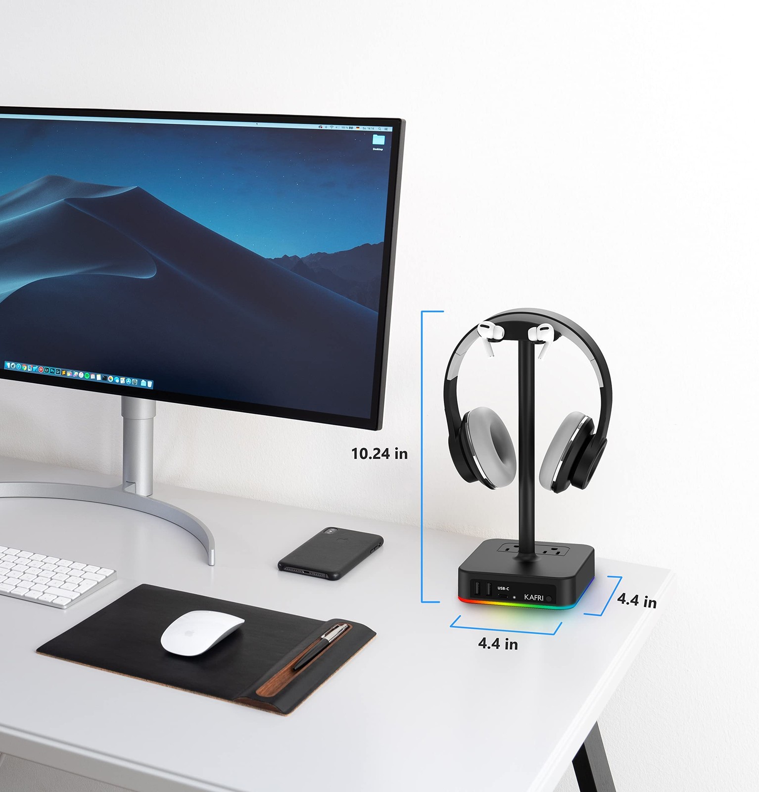 RGB Headphone Stand with USB A&C Charger Desk Gaming Headset Holder Hanger Ra…
