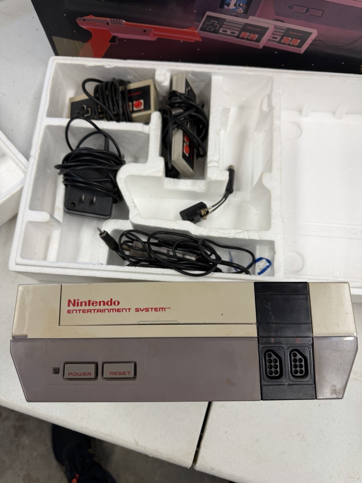 NES Action Set Box with Styrofoam, Console, Controllers, Hookups.