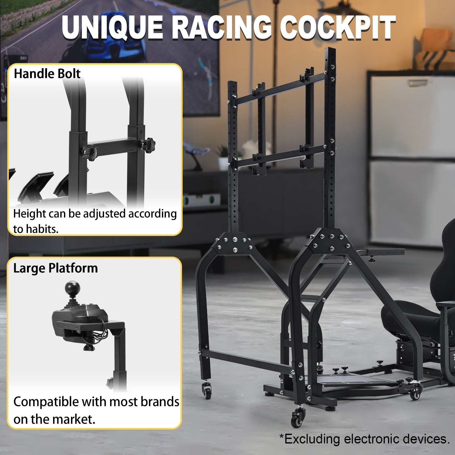 Marada Racing Simulator Cockpit With Black Seat And Monitor Stand For Logitech