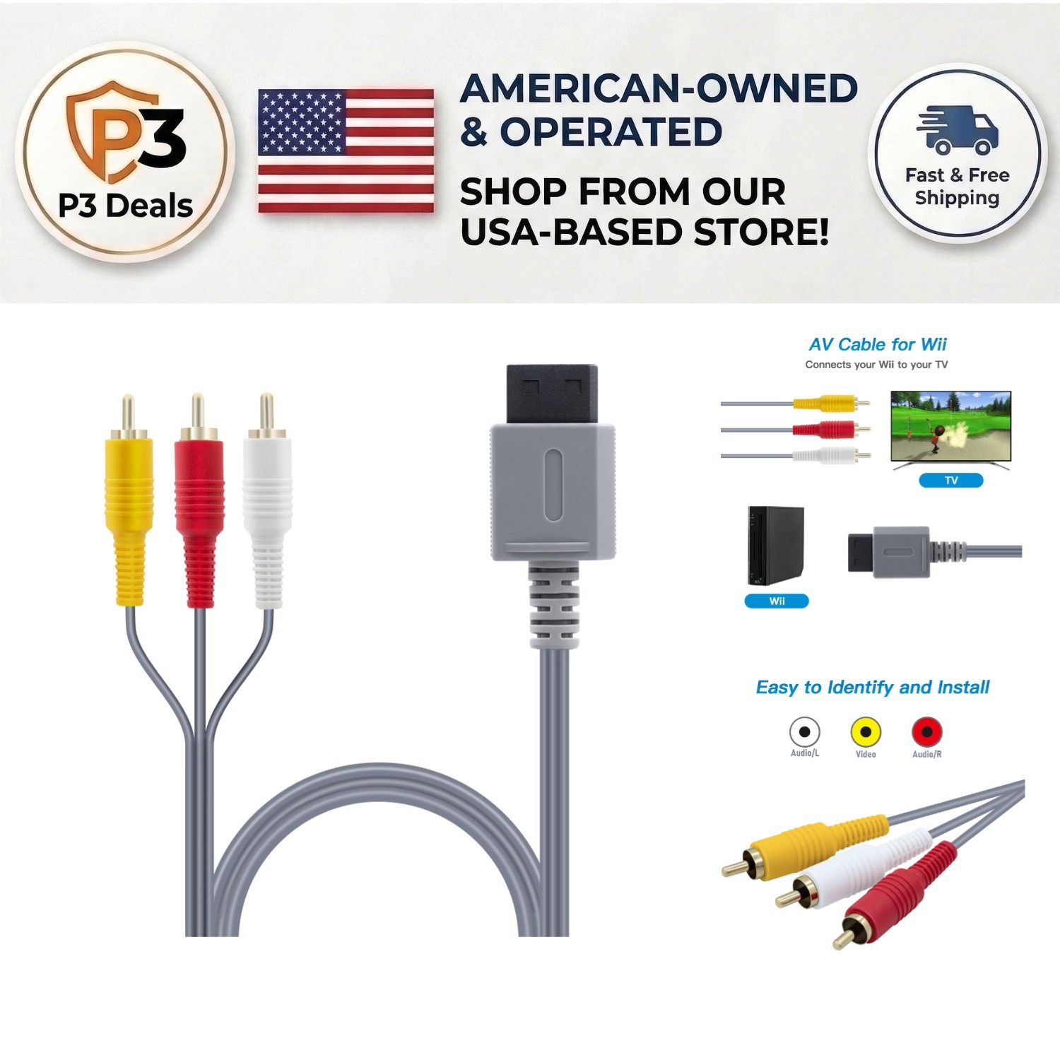 6FT Gold-Plated AV Cable for Wii and Wii U – Perfect for TV Connection