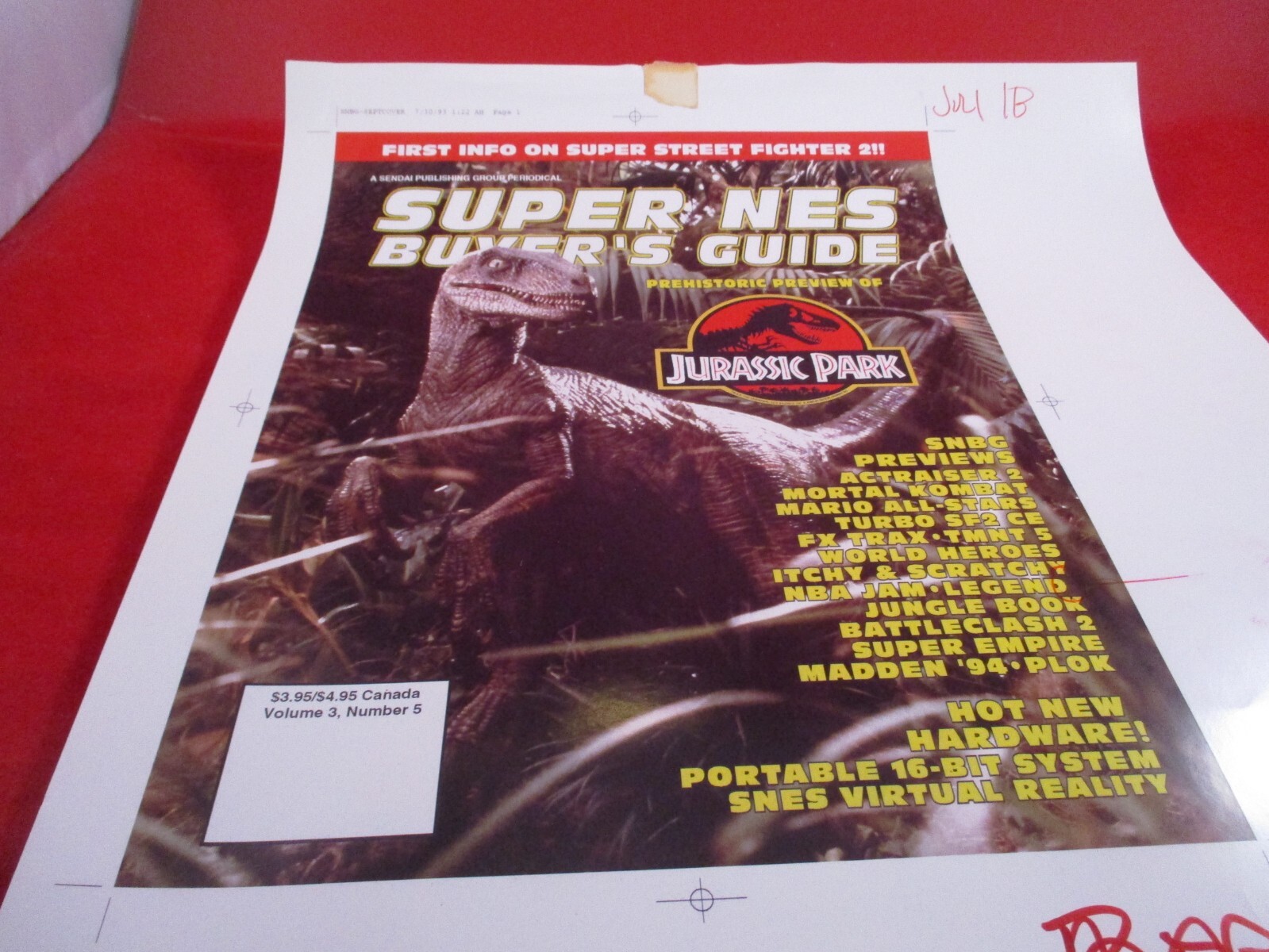 Super NES Buyer’s Guide Magazine Prototype Sheet Jurassic Park Nintendo SNES