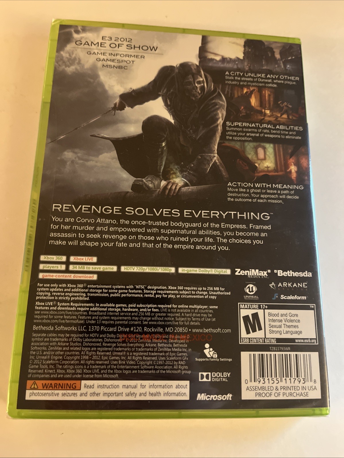 Dishonored (Microsoft Xbox 360, 2012) Brand New/Sealed. Ships Fast!