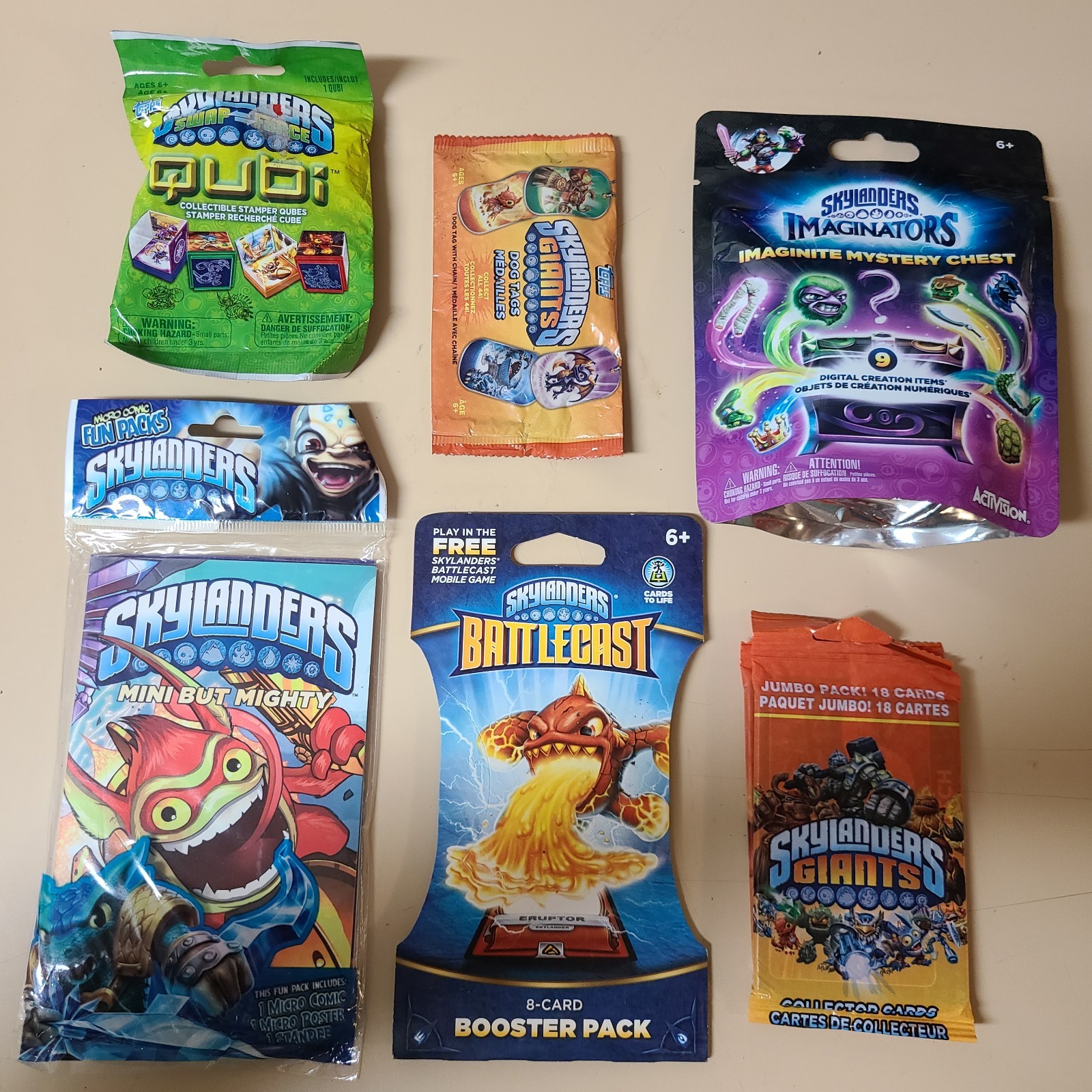SKYLANDERS 6 Packs: QUBI, Dog Tag, Imaginite Chest, Comic, Battlecast, Cards LOT