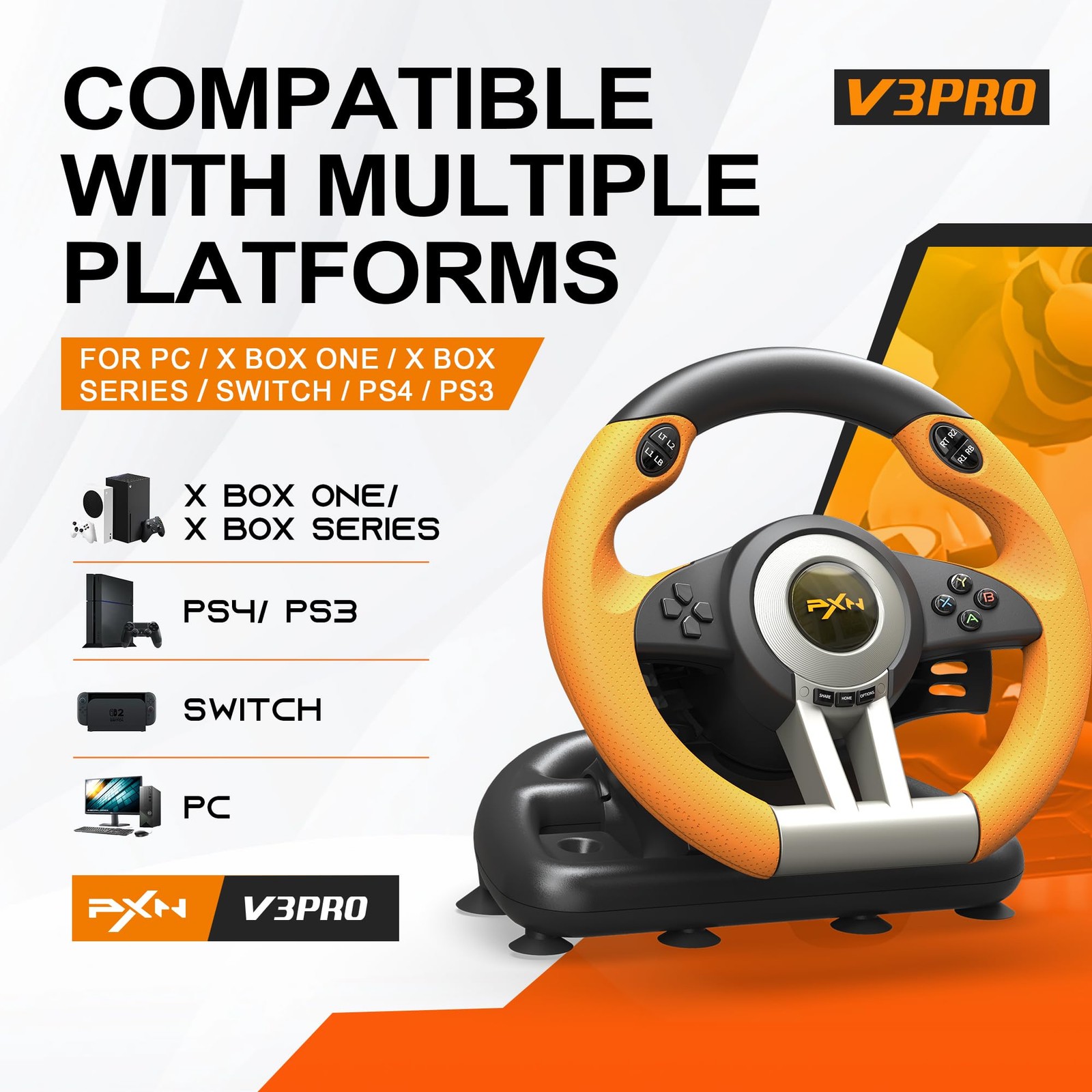 PXN PC Racing Wheel, V3II 180 Degree Universal Usb Car Sim Race Steering Wheel w