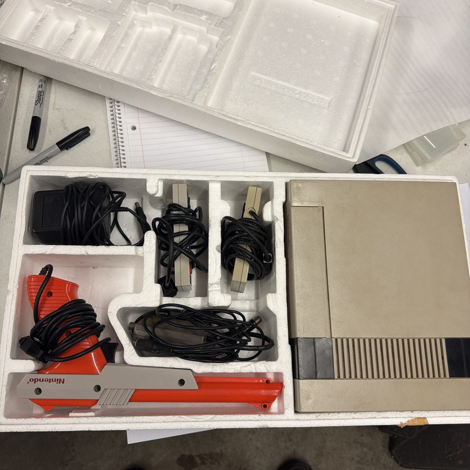 NES Action Set Box with Styrofoam, Console, Controllers, Hookups.