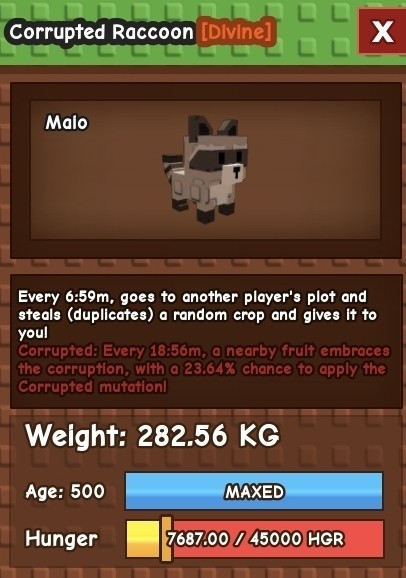 282kg *COLLECTORS* CORRUPTED RACCOON AGE 500 *MUTATION* Grow 🪴 A Garden 🏡