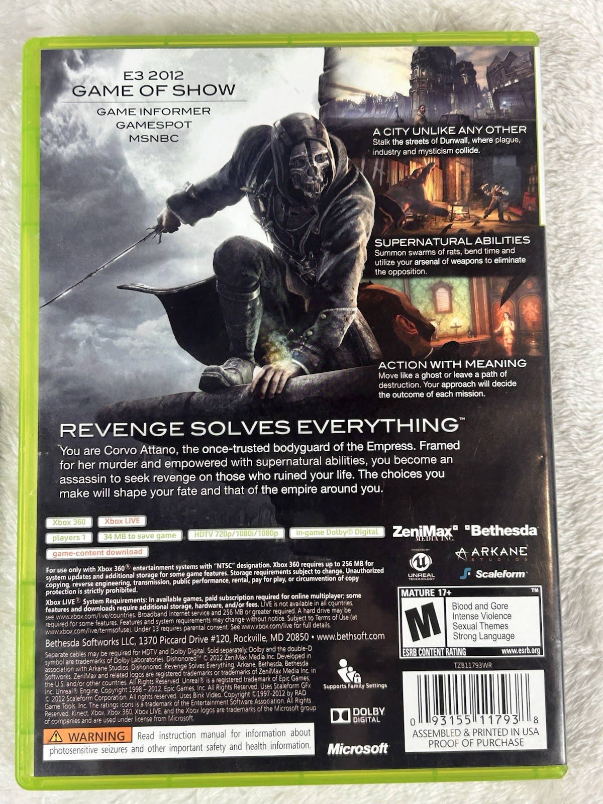 Dishonored (Microsoft Xbox 360, 2012) Complete with Manual Tested