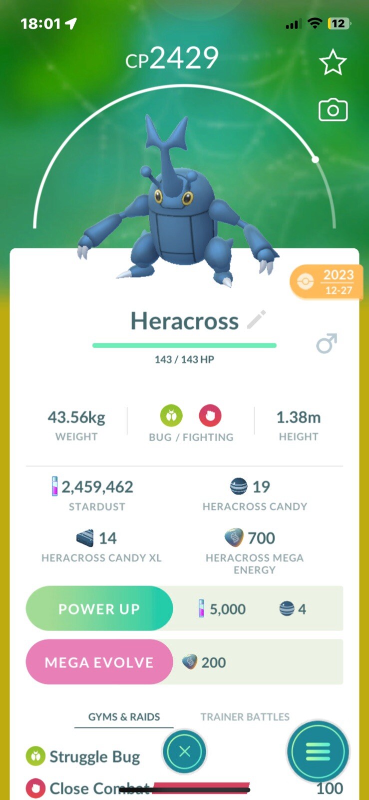 ⭐️Pokemon Go #214 Heracross *Male*⭐️*Regional*Gifts and Friendship Included
