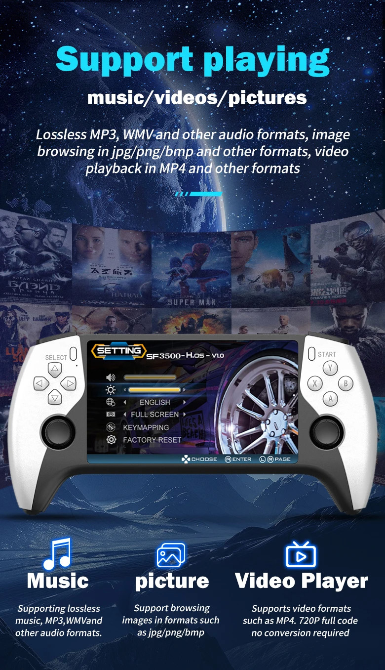 SF3500 Handheld Game Console 5 Inch IPS Screen with Wireless Controller Support