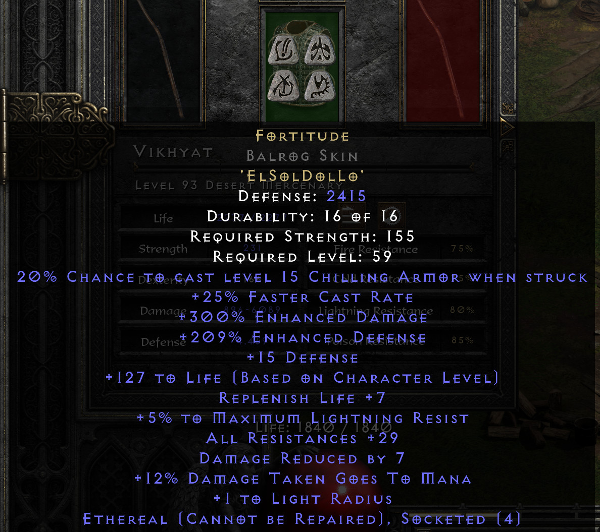 Diablo 2 D2R Eth Fortitude 2415Def/29Res/209ED Superior Balrog SC PC all servers