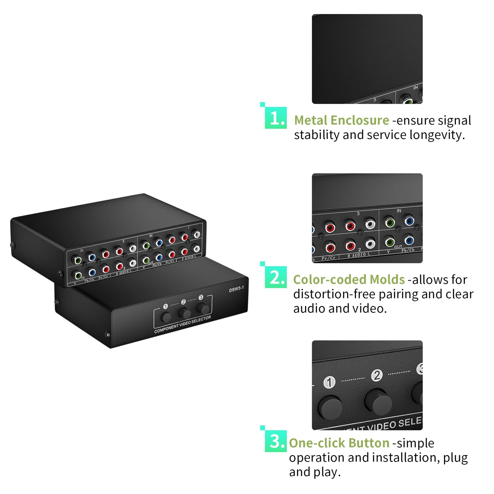 Component AV Video Switch Box 3 in 1 Out, 3 Port 5 RCA YPbPr Cable RGB Compon…