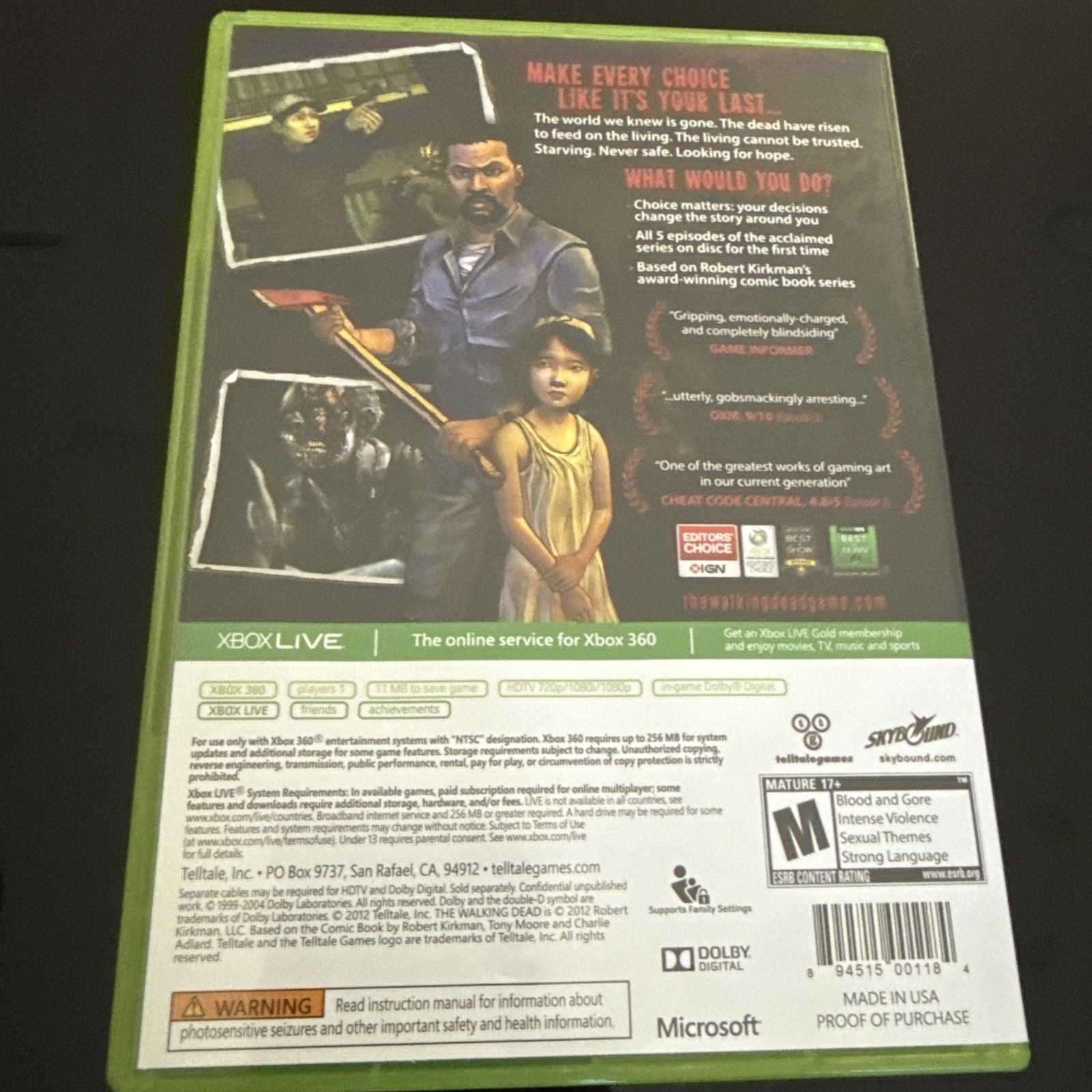 The Walking Dead: A Telltale Games Series Microsoft Xbox 360 Complete Box Manual
