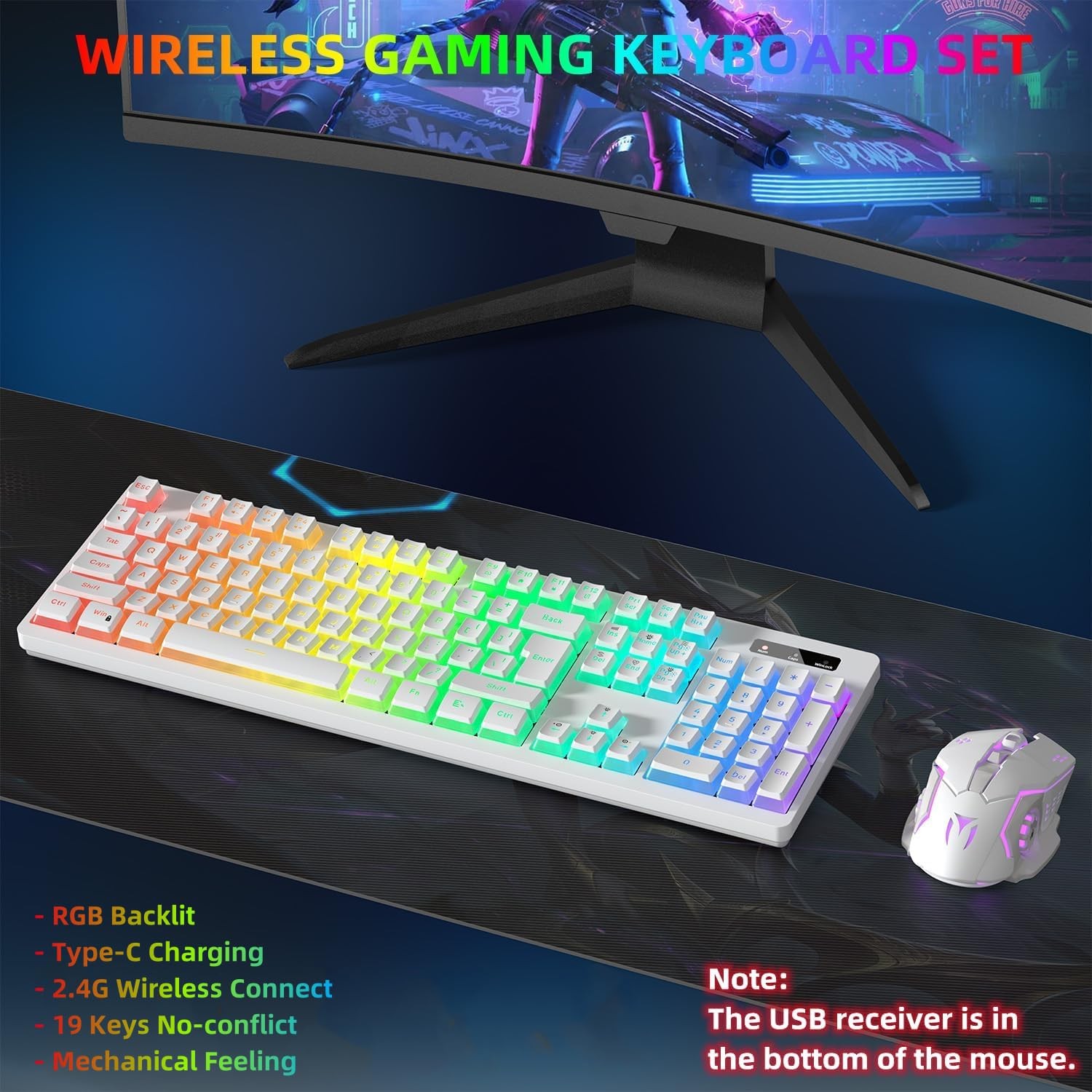 Wireless Gaming Keyboard and Mouse Combo – RGB Backlit, Rechargeable, White