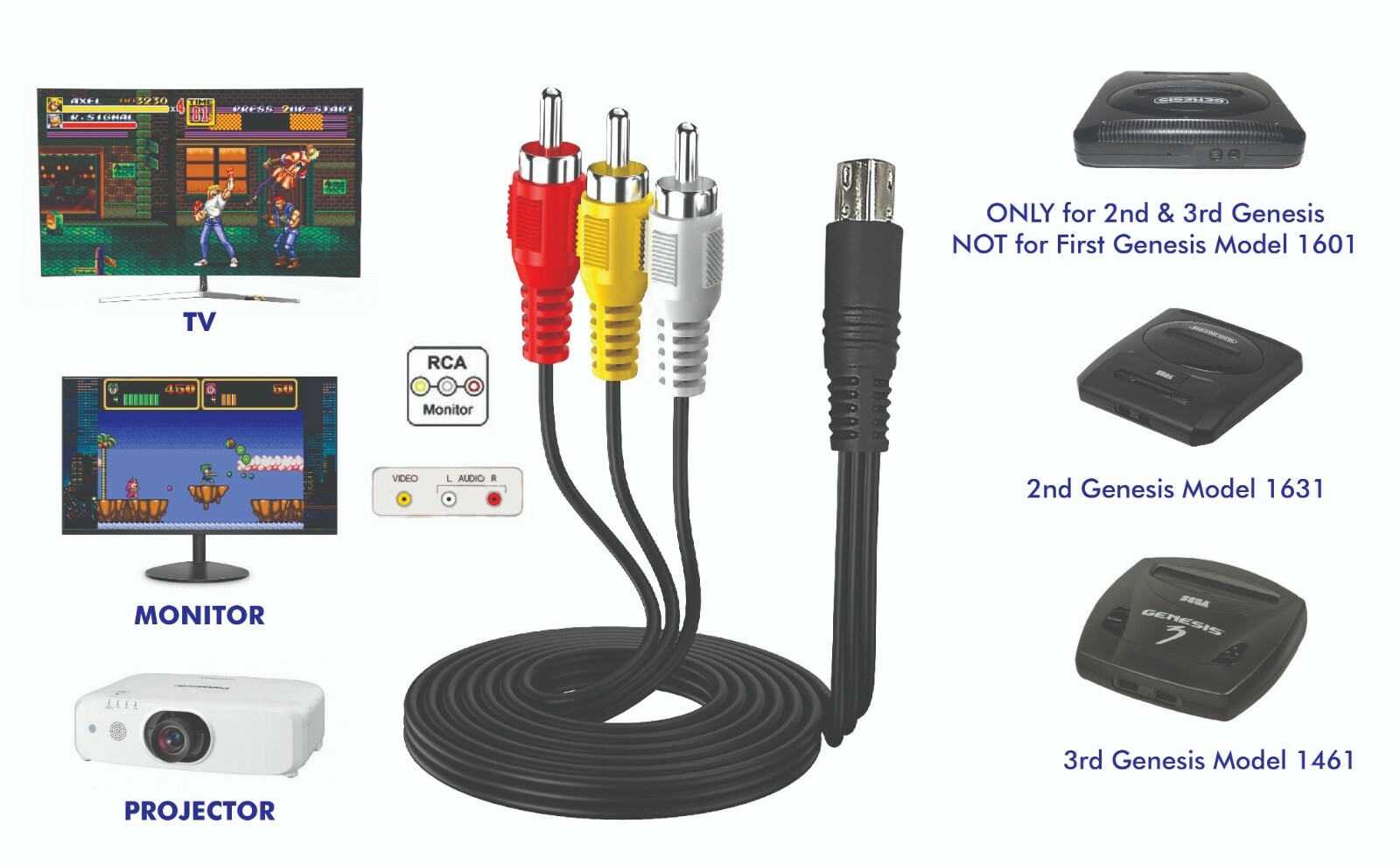 Audio AV RAC Cable Cord Adapter+AC Power Supply For SEGA Genesis 2 & 3 1631 1461