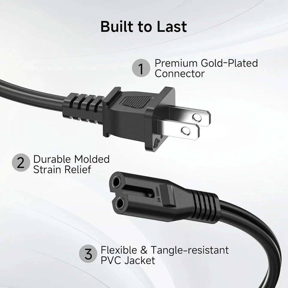 5FT 2-Prong Port AC Power Cord Cable for PS2 PS3 Slim PS4 Xbox Laptops Printers