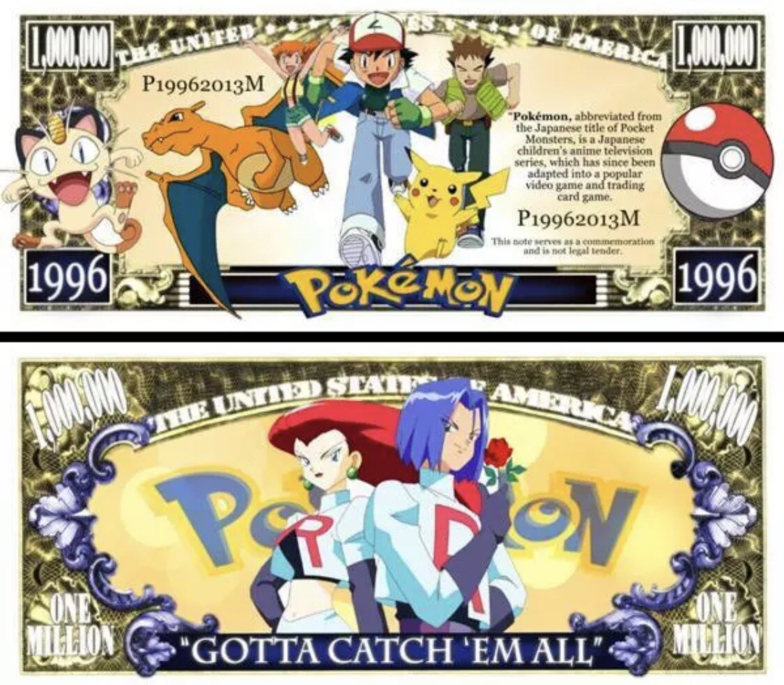 25 Pack Pokémon Charizard Pikachu Money Collectible Anime 1 Million Dollar Bills