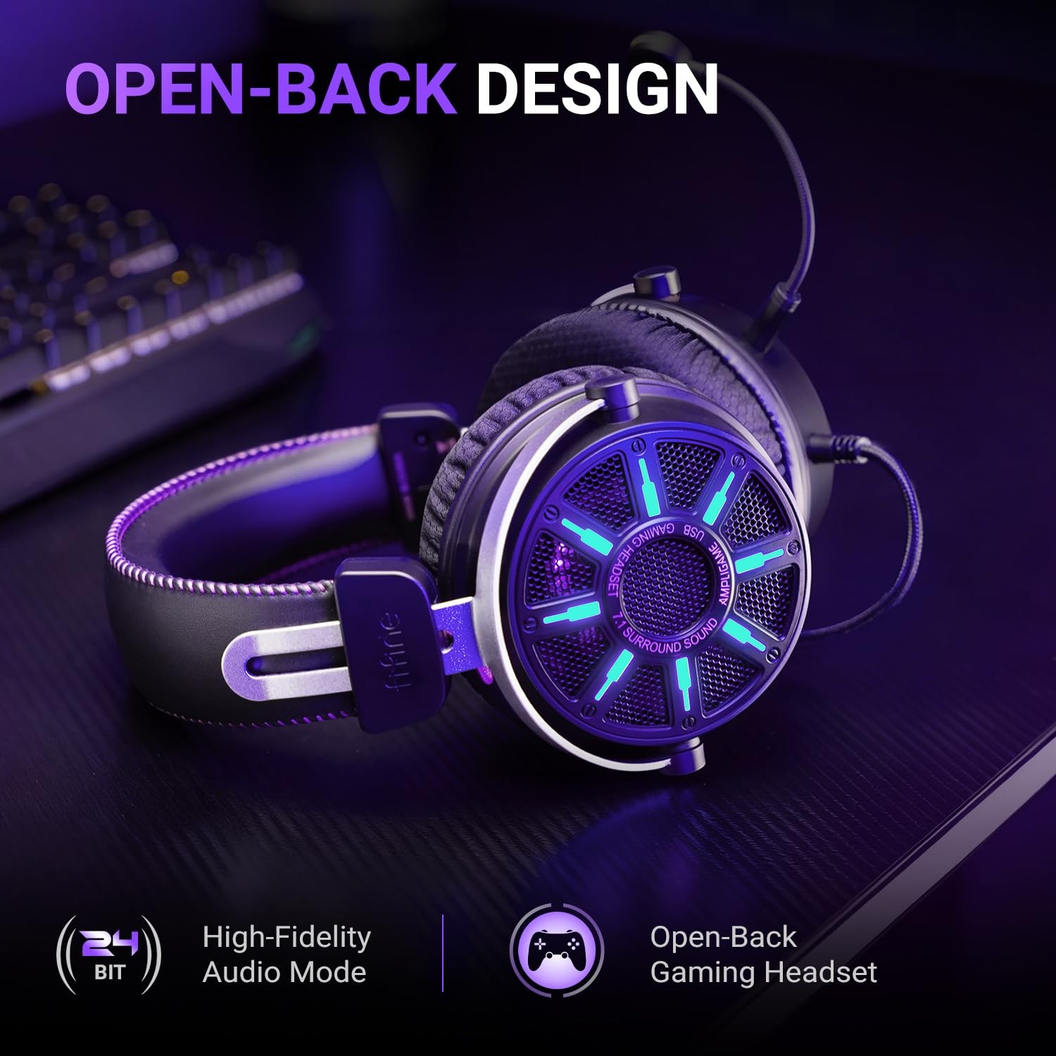 Fifine Wired Usb Gaming Headset Open Back Design Breathable Mesh Fabric 7.1