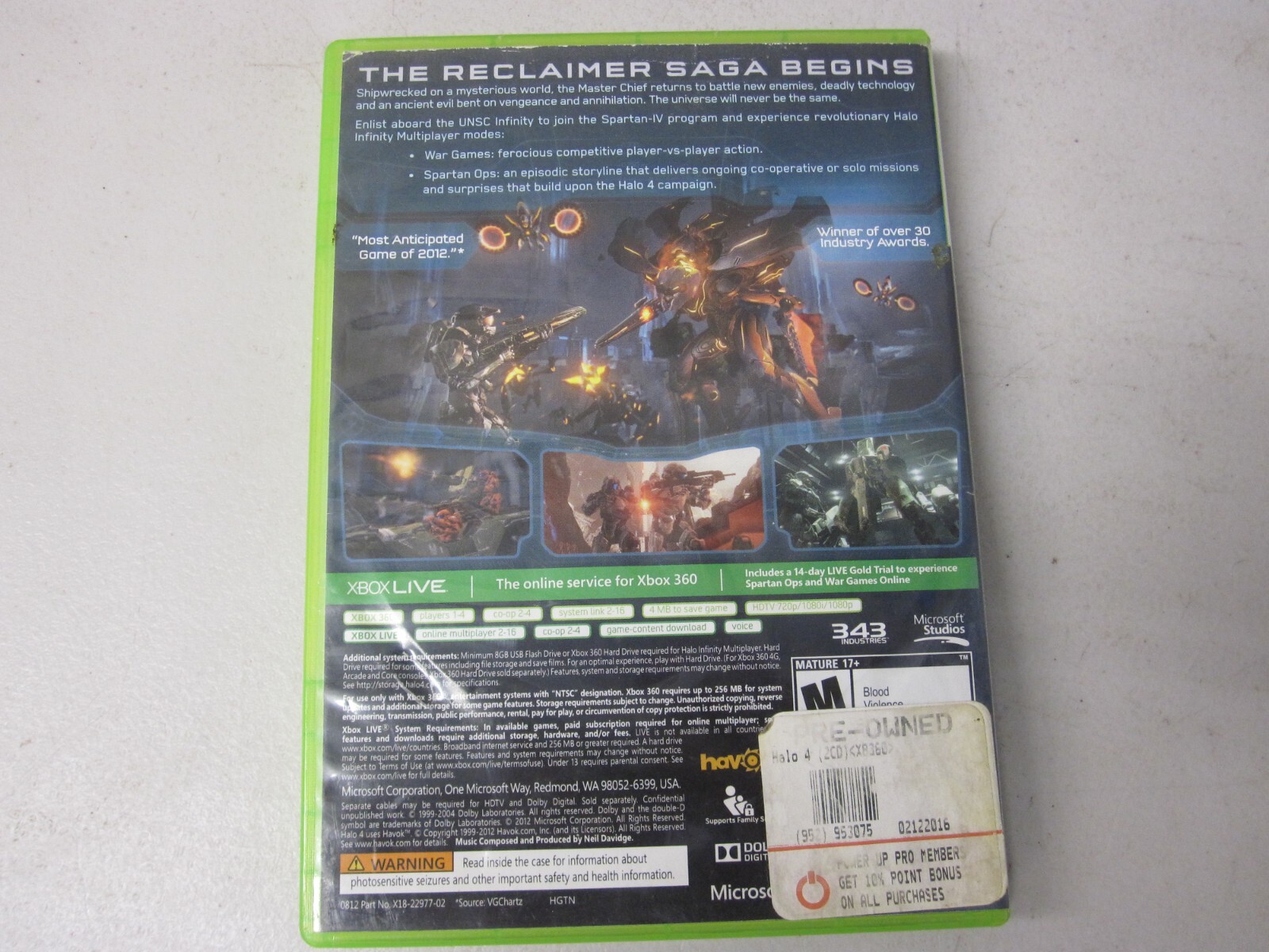 Halo 4 Microsoft Xbox 360 Studios 343 Industries M-Mature Video Game