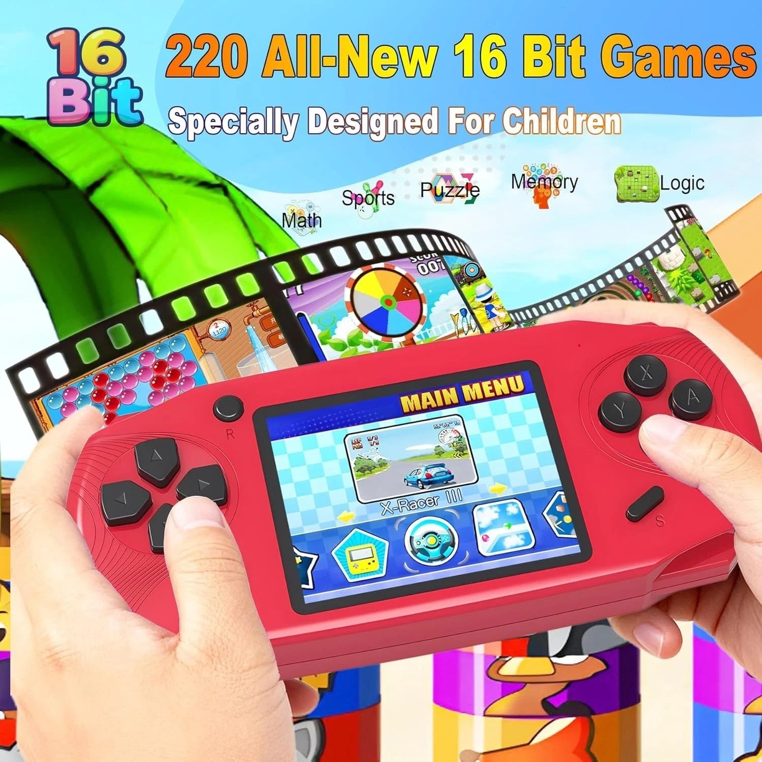 16-Bit Handheld Game Console – 220 Retro Games – 3.0” LCD – Ideal Gift in Red