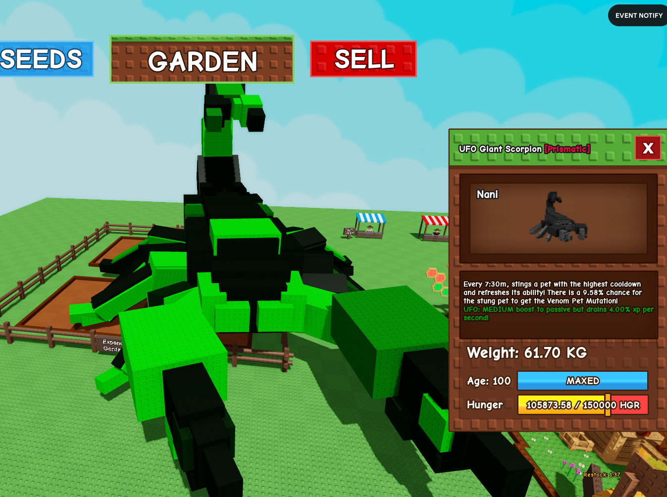 Huge UFO Giant Scorpion 61.70Kg! – Grow A Garden Pets – Roblox! – Fast & Easy!