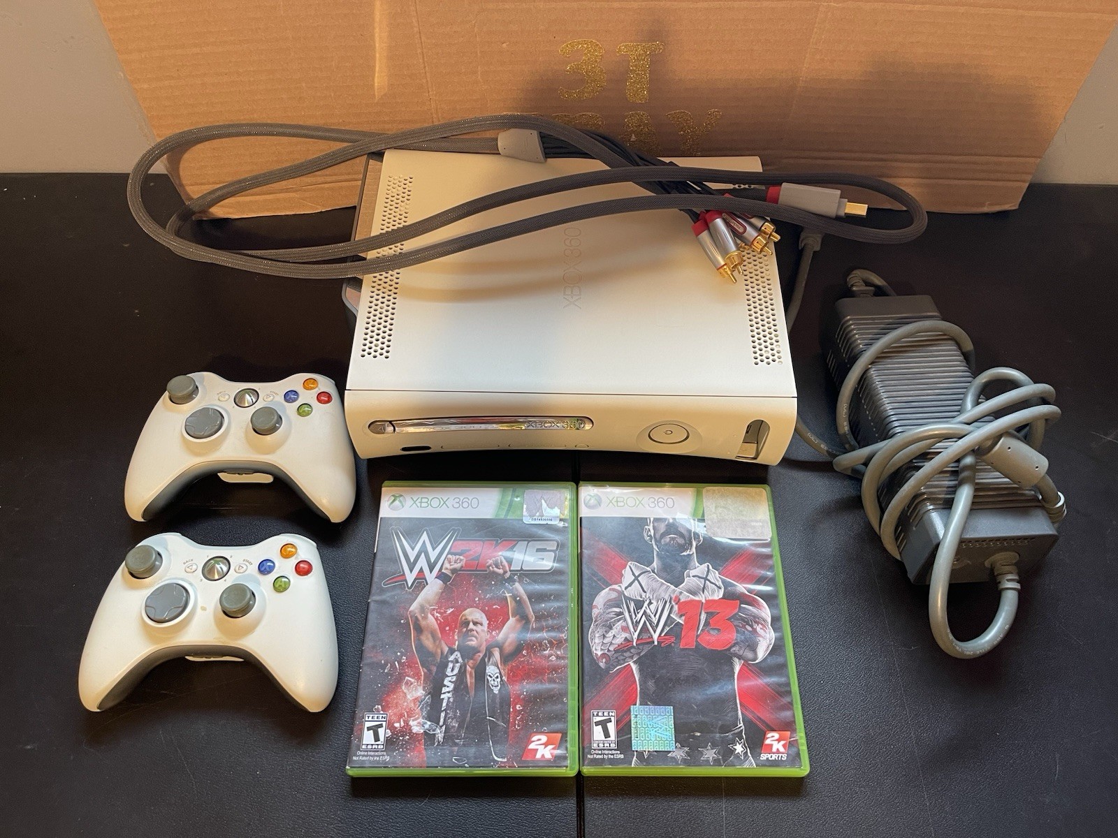 Xbox 360 Console Bundle White Complete Cords Tested WWE Games Lot 2 Controllers!