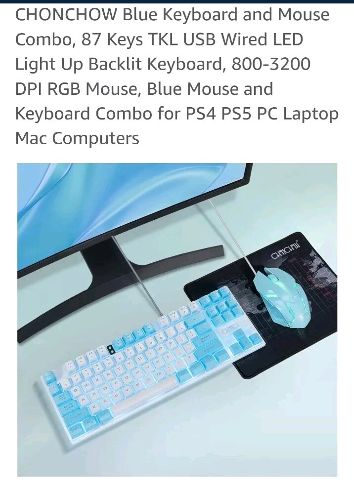 Blue Keyboard and Mouse Combo, 87 Keys TKL USB Wired LED Light Up Backlit Key…
