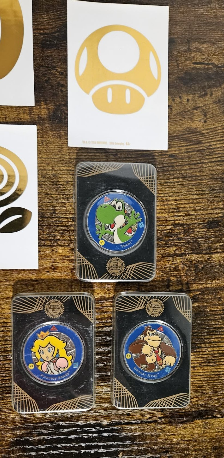 Vtg Super Mario Challenge Coin Lot – 6 Silver Colored Challenge Coins & 7 Decals
